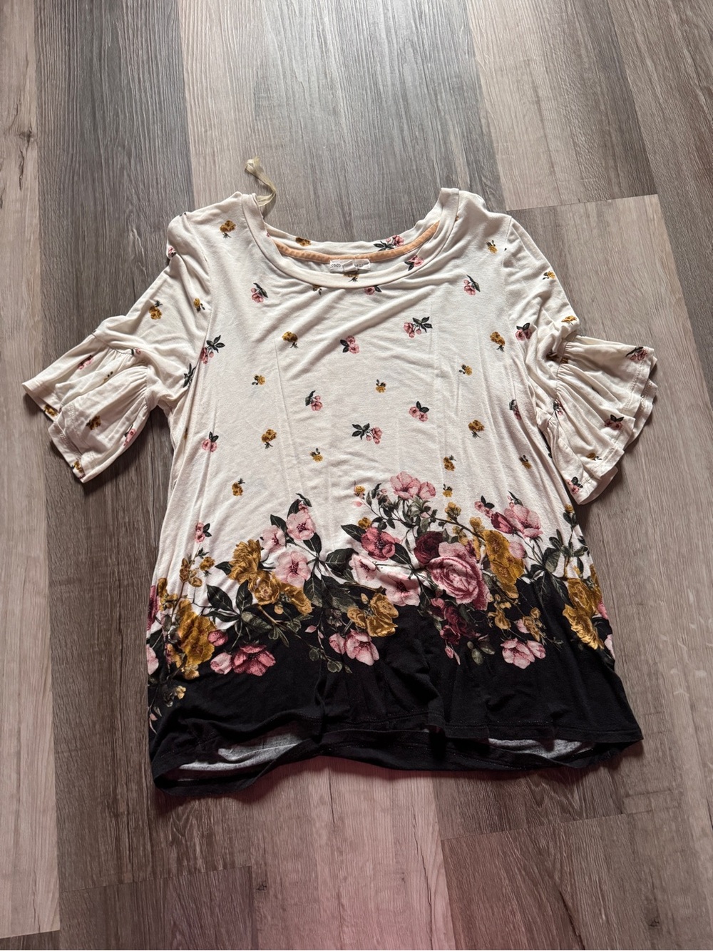 Floral Ruffle Sleeve Tunic Top - Cream with Pink & Mustard